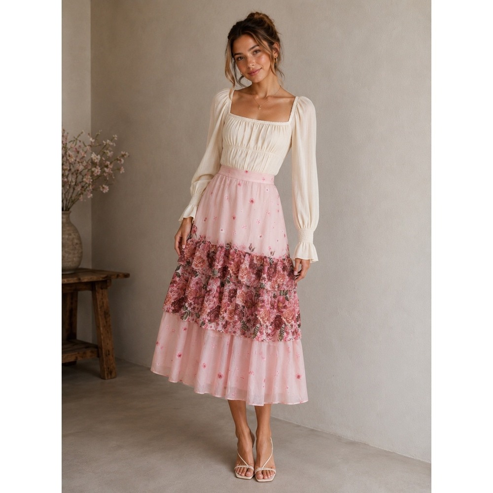 Rachel Parcell Anthropologie Floral Ruffle Midi Skirt Coquette Wedding Romantic
